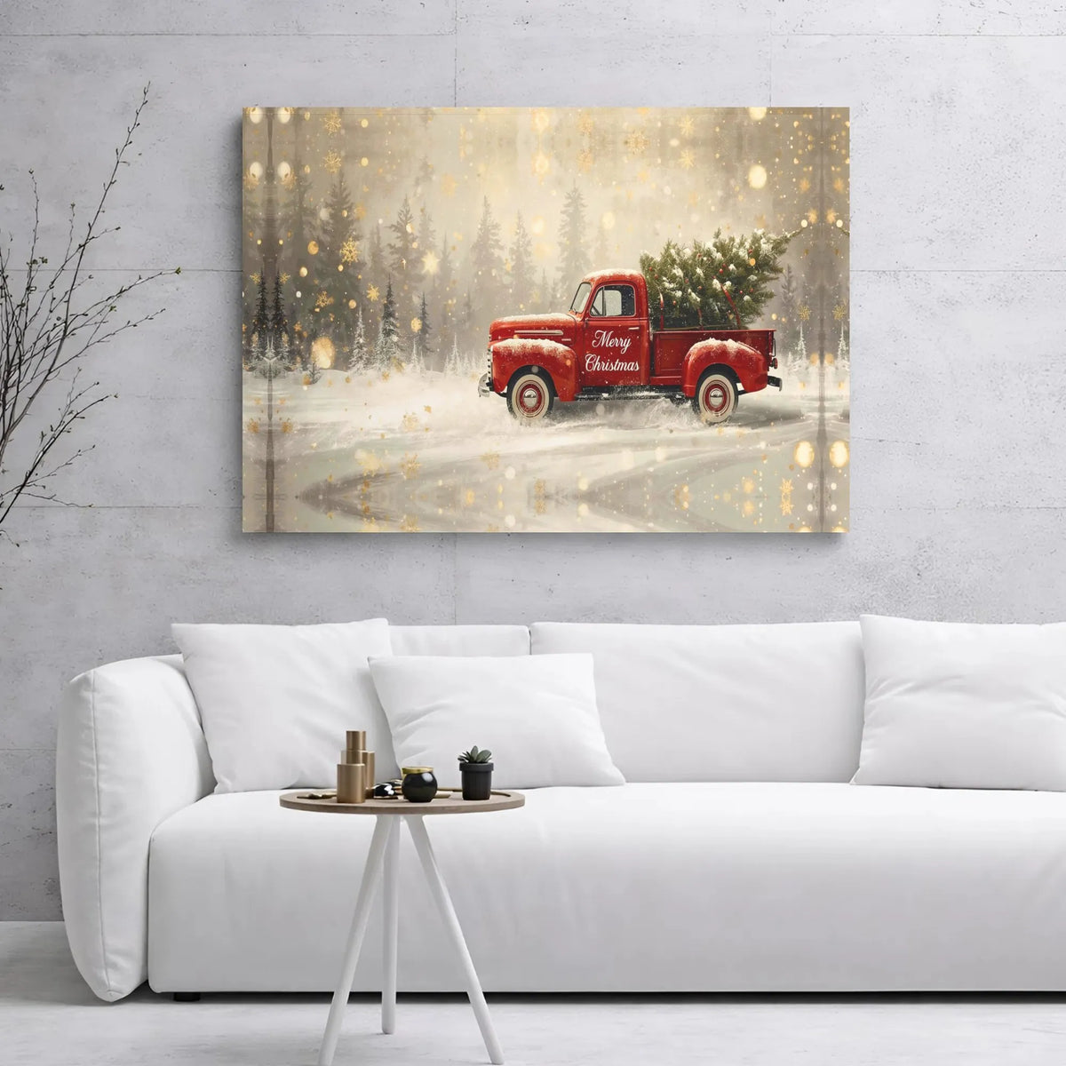 Snowy Winter Forest Tree Canvas Printable, Christmas Red Truck Digital Download, Rustic Farmhouse Xmas Wall Decor, Holiday Ar