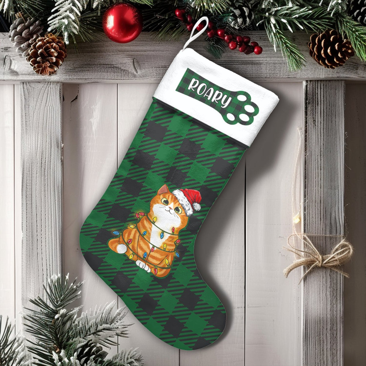 Kitten Tangled in Lights Stocking, Personalized Orange Cat Christmas Stocking, Humorous Pet Lover Holiday Stocking, Fireplace