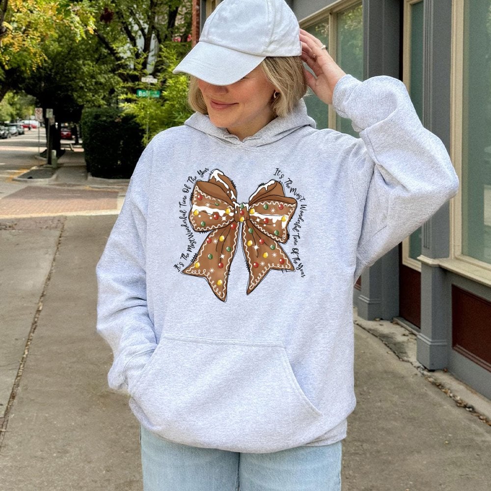 Coquette Gingerbread Hoodie, Gingerbread Bow Christmas Hoodie, Adorable Holiday Aesthetic Sweatshirt, Pastel Xmas Pullover, C