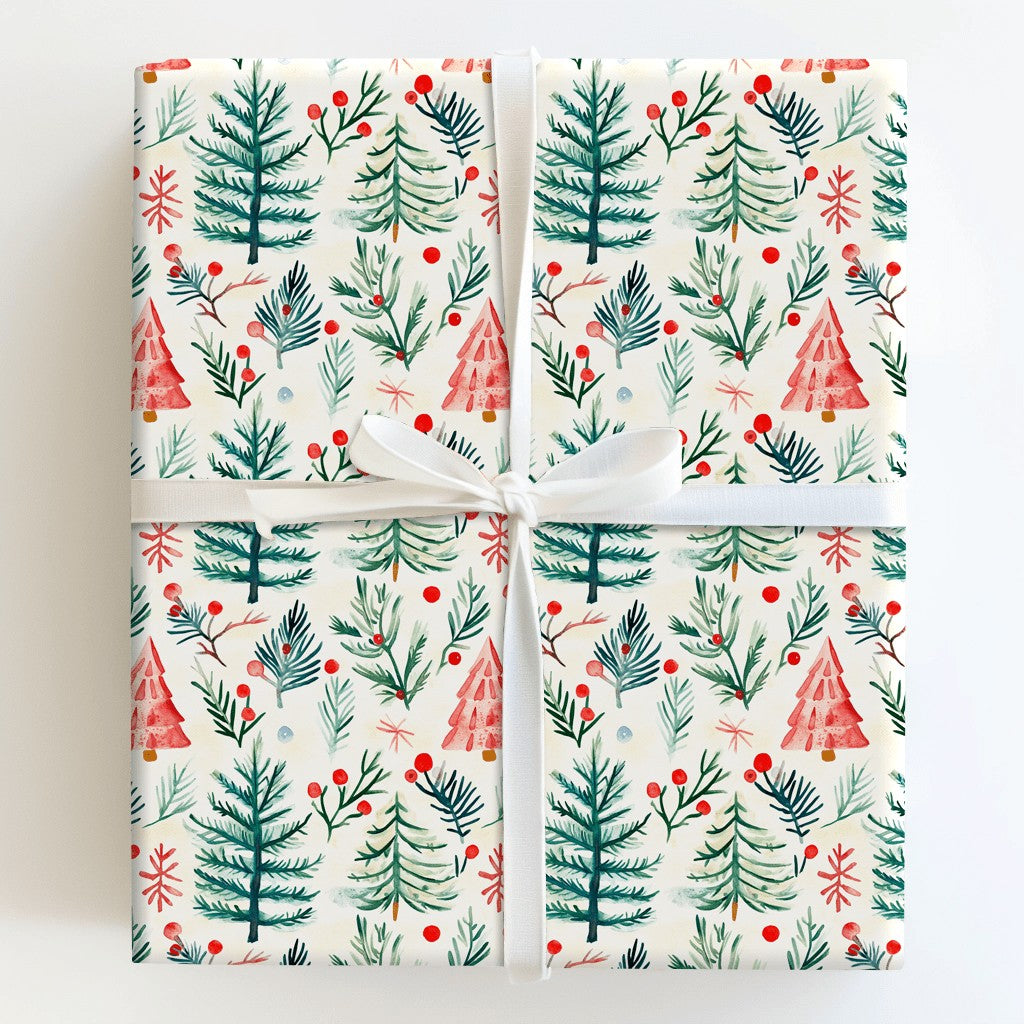 Rustic Winter Forest Gift Wrap, Watercolor Pine Tree Wrapping Paper, Christmas Holly Berry Wrapping Paper, Holiday Present Wr