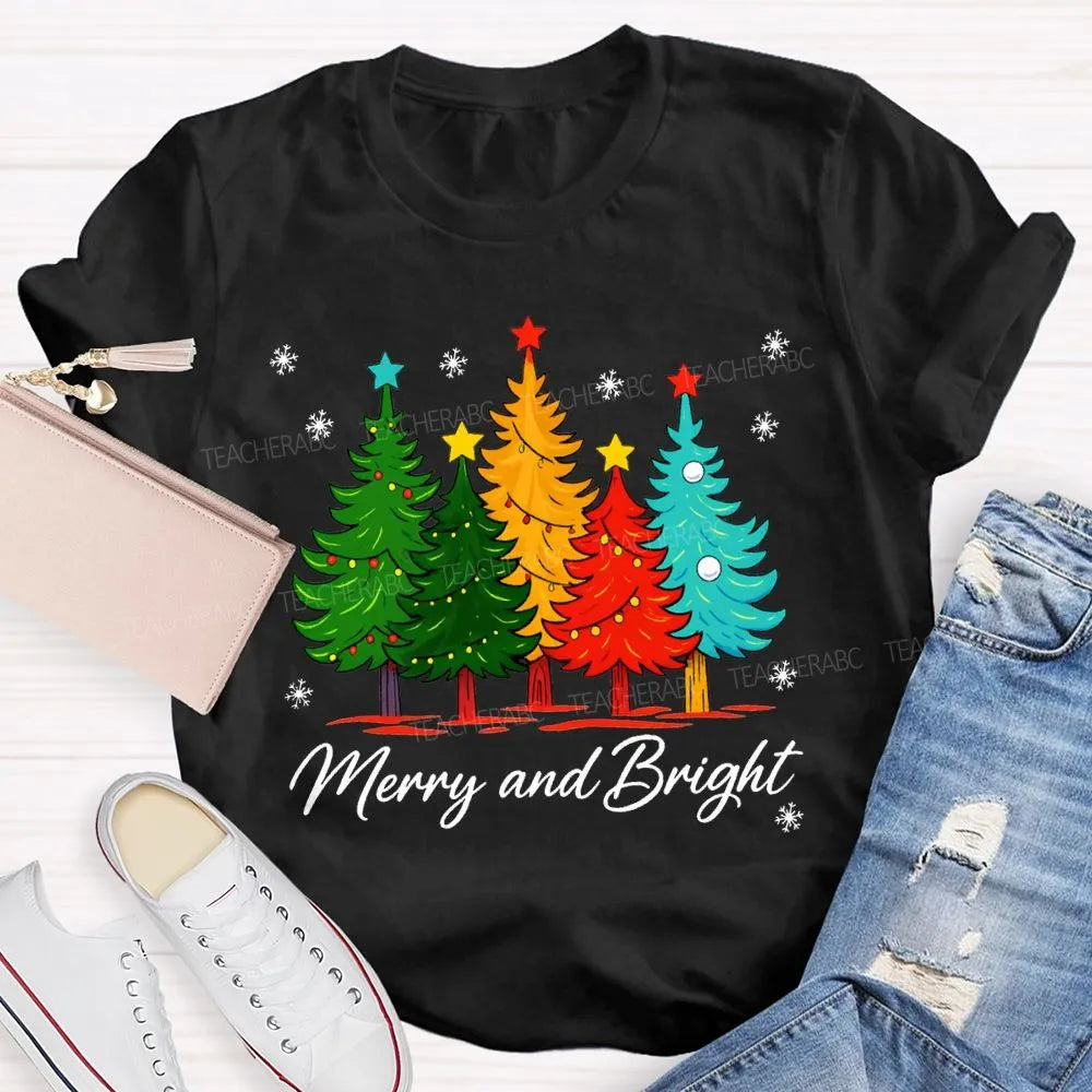 Colorful Holiday Graphic Tee, Merry and Bright Christmas Tree T-Shirt, Festive Xmas Tree Shirt, Retro Christmas Tee, Holiday 