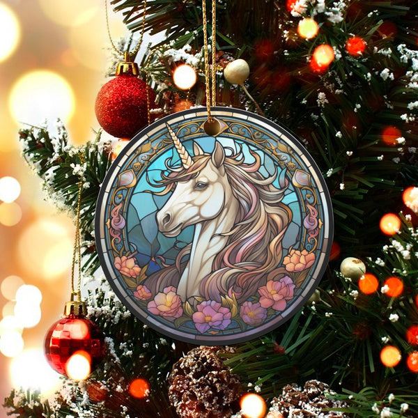 Floral Fantasy Ceramic Ornament, Stained Glass Unicorn Christmas Ornament, Magical Tree Ornament, Adorable Holiday Keepsake, 