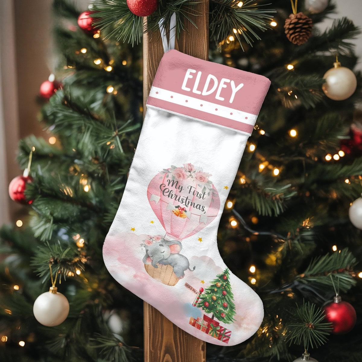 Baby First Christmas Stocking, Personalized Baby Elephant Christmas Stocking, Custom Name Holiday Stocking, Adorable Nursery 