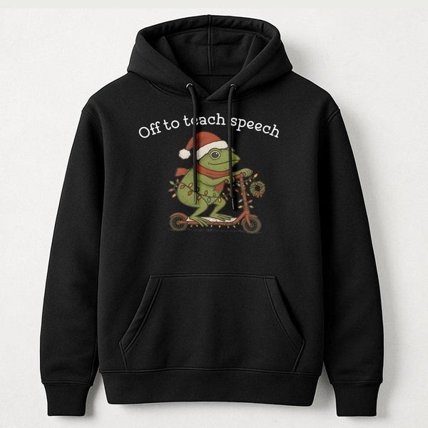Humorous Frog on Scooter Hoodie, Speech Therapist Christmas Hoodie, Adorable SLP Holiday Sweatshirt, Speech Language Patholog