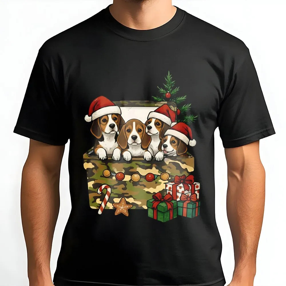 Beagle Christmas T-Shirt | Cute Puppies in Camo Gift Box | Premium Soft Cotton | Funny Dog Lover Holiday Gift