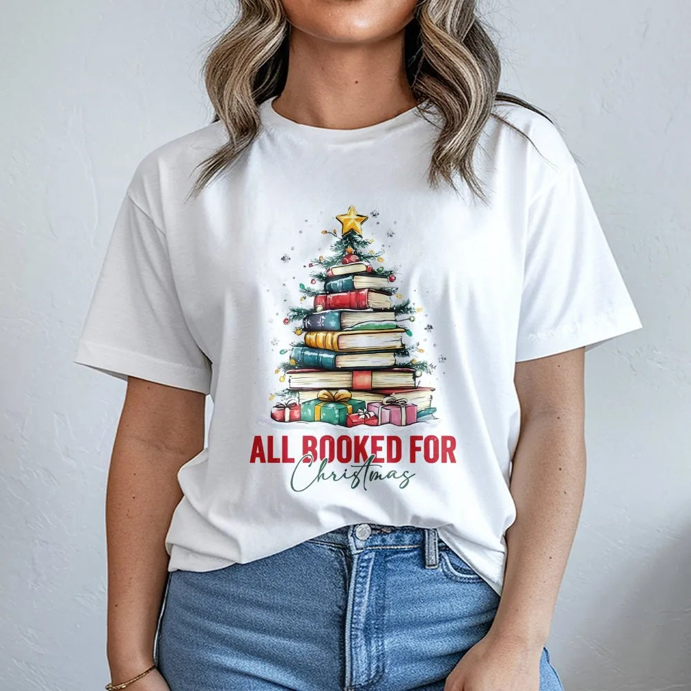 Book Stack Tree Graphic Tee, All Booked for Christmas Shirt, Holiday Bookish T-Shirt, Librarian Christmas Tee, Book Lover Hol