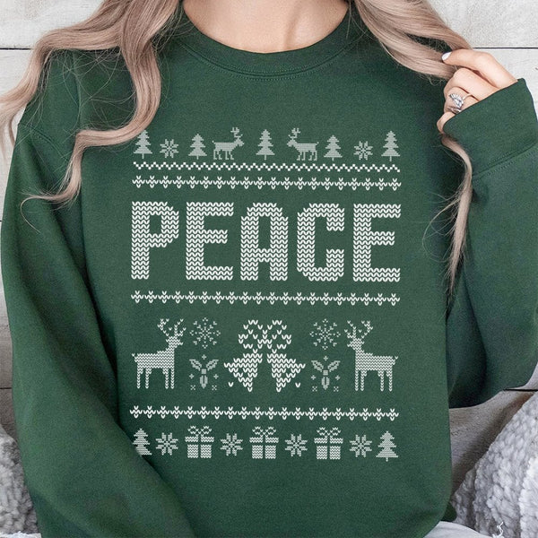 Reindeer Snowflake Holiday Sweater, Peace Ugly Christmas Sweatshirt, Matching Xmas Crewneck, Adorable Winter Graphic Pullover
