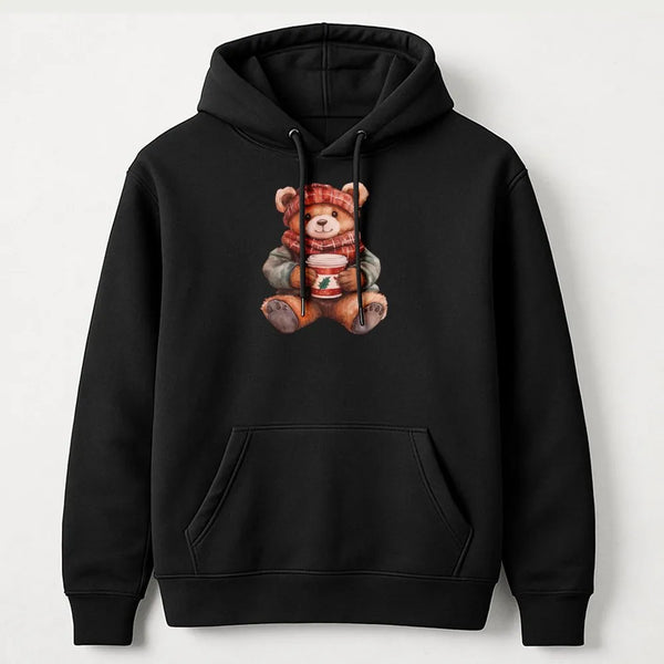 Adorable Holiday Coffee Teddy Hooded Sweatshirt, Christmas Bear Hoodie, Comfy Winter Bear Hoodie, Festive Teddy Bear Sweatshi
