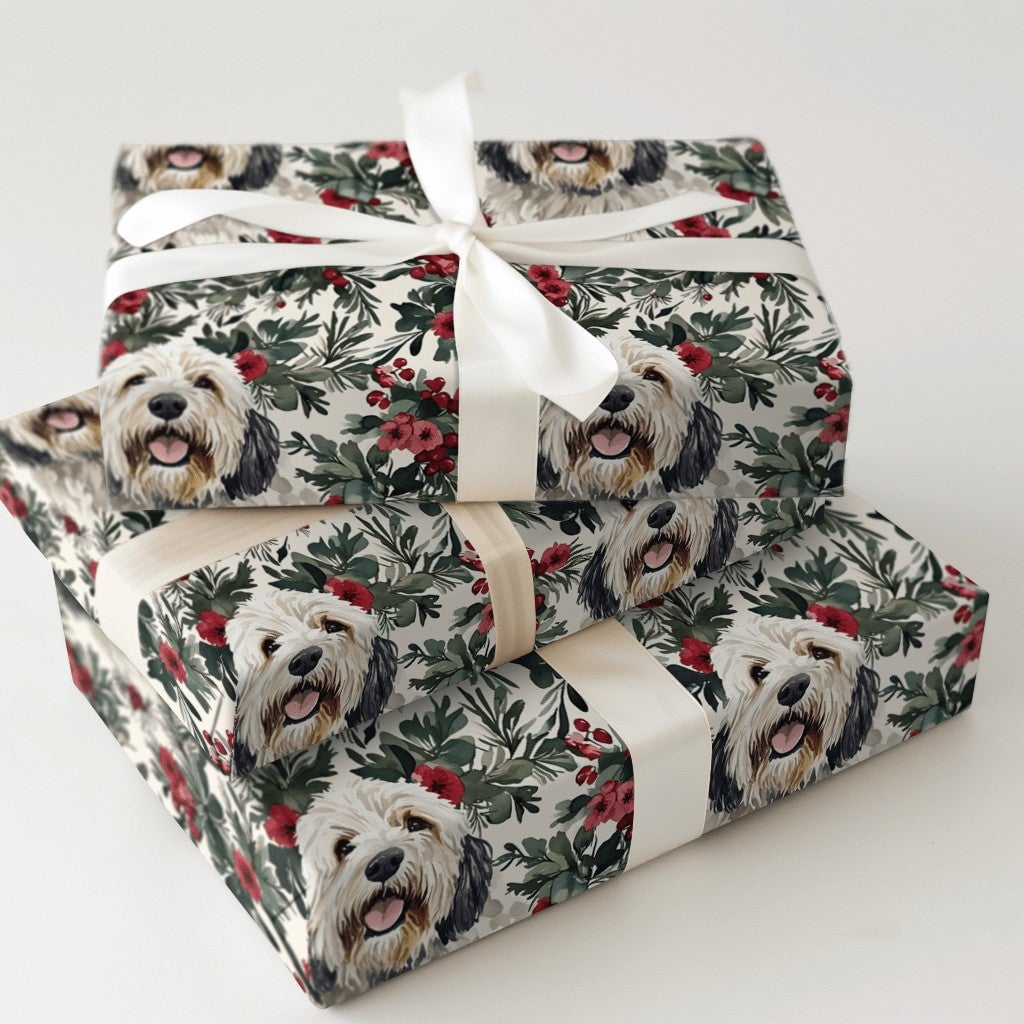 Christmas Dog Gift Wrap, Old English Sheepdog Wrapping Paper, Holiday Floral Wrapping Paper, Dog Lover Present Wrap, Winter G