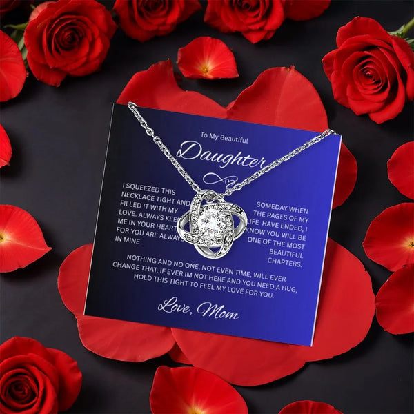 Daughter Love Knot Pendant, Love Knot Necklace for Daughter, CZ Crystal Love Knot Necklace, Rotating Rose Box Jewelry, Christ