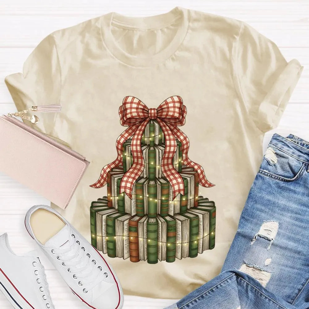 Bookworm Holiday Graphic Tee, Books Bows Lights Christmas Tree Shirt, Comfy Bookish Christmas T-Shirt, Reader Teacher Xmas Pr