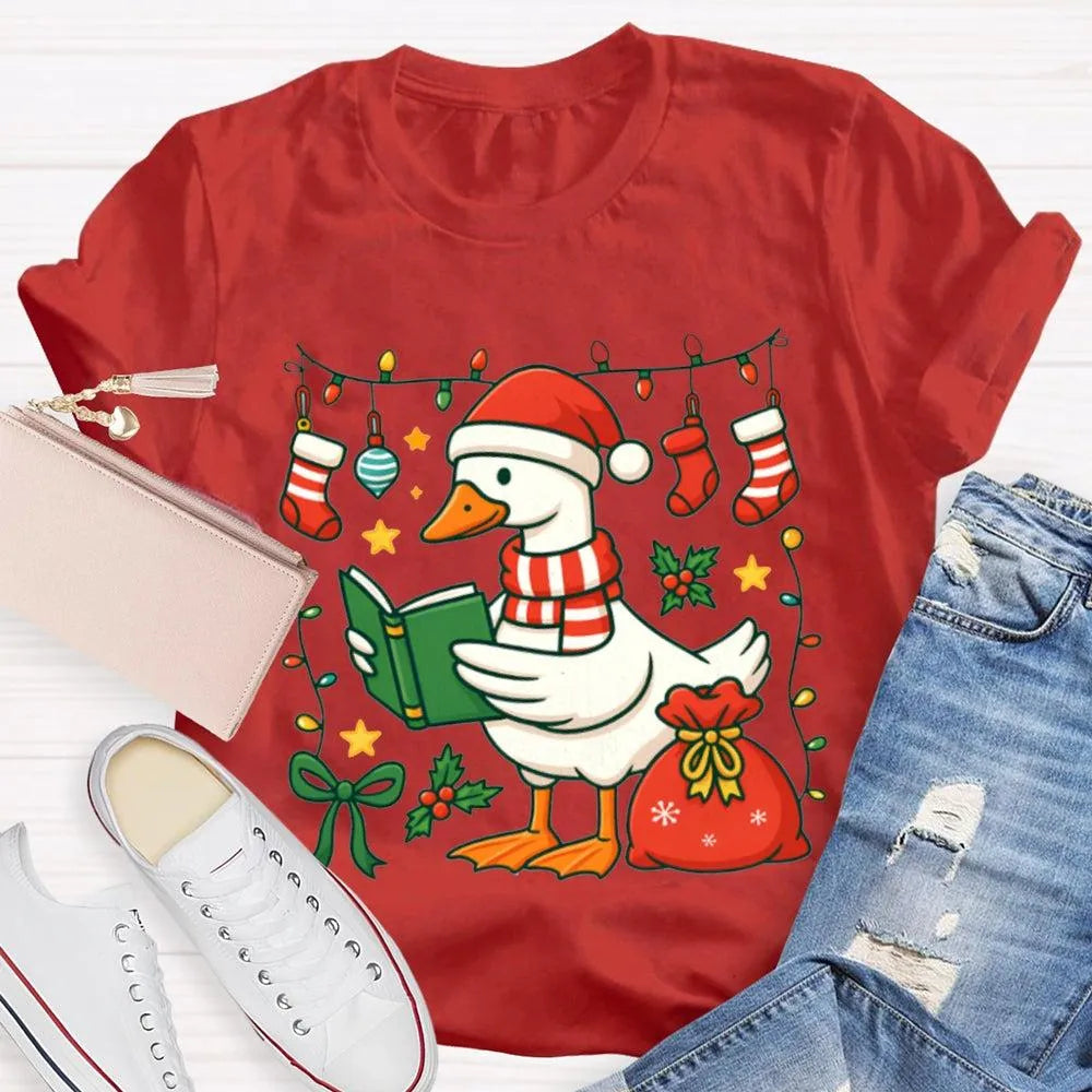 Humorous Holiday Bookworm Goose Shirt, Christmas Goose Reading Book T-Shirt, Adorable Winter Reading Tee, Book Lover Christma