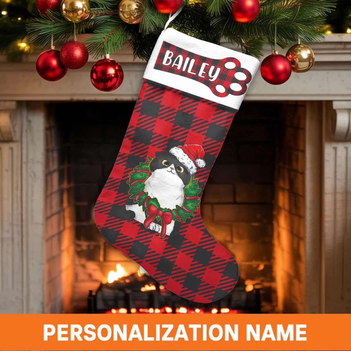 Custom Buffalo Plaid Pet Stocking, Tuxedo Cat Christmas Stocking, Personalized Cat Lover Holiday Stocking, Adorable Animal Ch