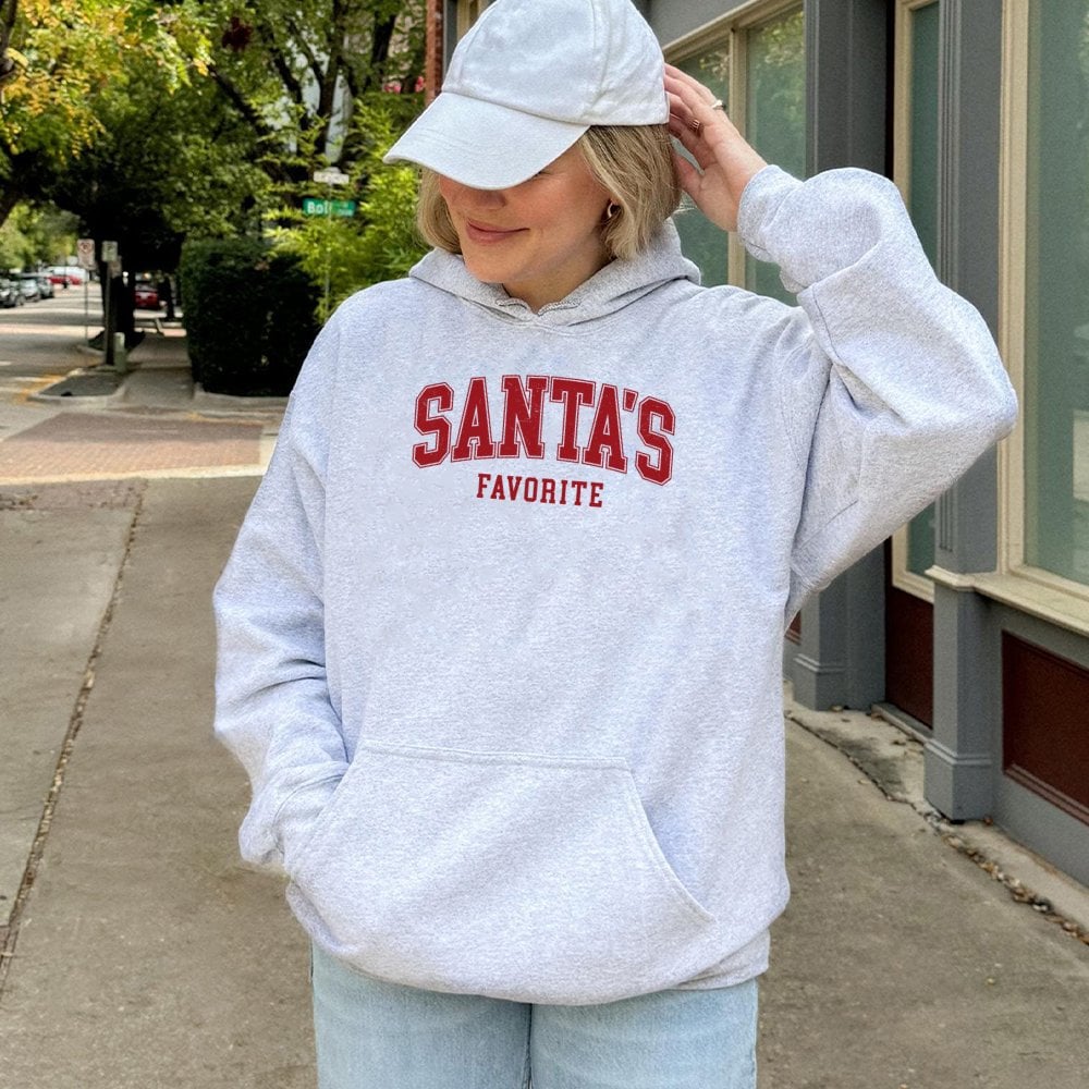 Retro Varsity Christmas Sweatshirt, Santa's Favorite Hoodie, Humorous Xmas Quote Pullover, Festive Holiday Season Party Hoode