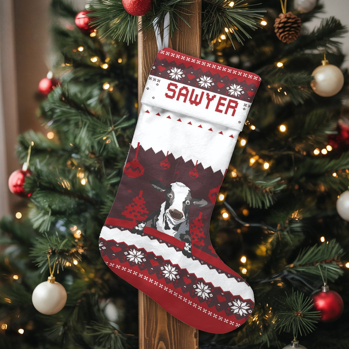 Nordic Farmhouse Holiday Stocking, Personalized Cow Christmas Stocking, Rustic Farm Animal Xmas Stocking, Custom Name Winter 