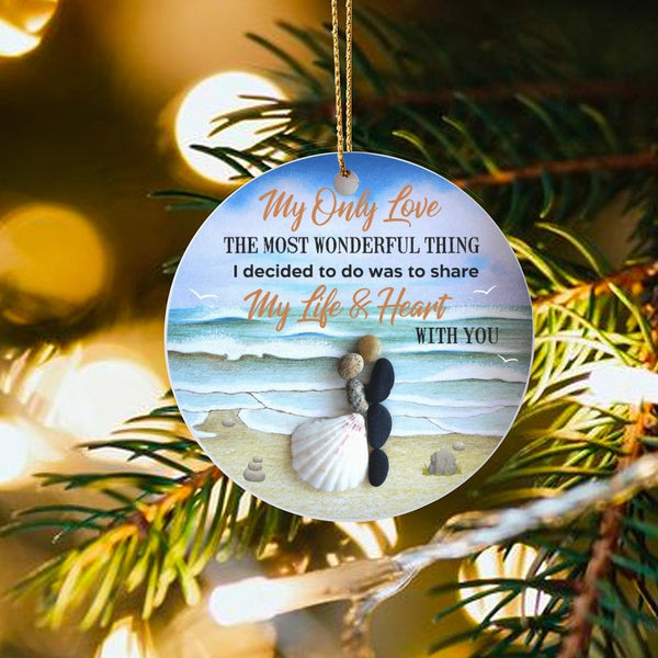 Beach Wedding Ceramic Ornament, Pebble Art Couple Ornament, Love Couple Christmas Ornament, Coastal Anniversary Keepsake, New