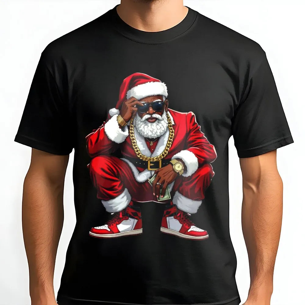 Hip Hop Christmas Graphic Tee, Black Santa T-Shirt, African American Santa Claus Shirt, Retro Urban Holiday Graphic T-Shirt P