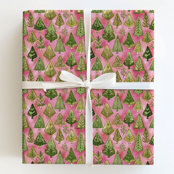 Green Trees Pink Gift Wrap, Watercolor Tree Christmas Wrapping Paper, Whimsical Holiday Tree Wrapping Paper, Festive Winter W