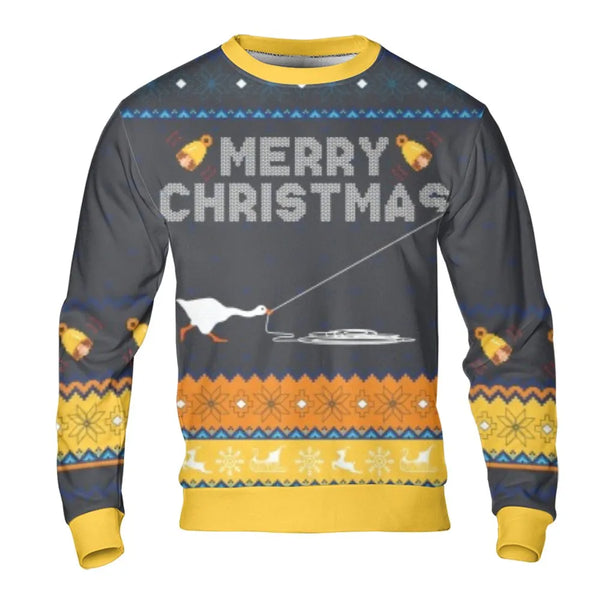 Humorous Goose Winter Sweater, Goose Ice Fishing Ugly Christmas Sweatshirt, Ice Fishing Christmas Crewneck, Holiday Goose Fis