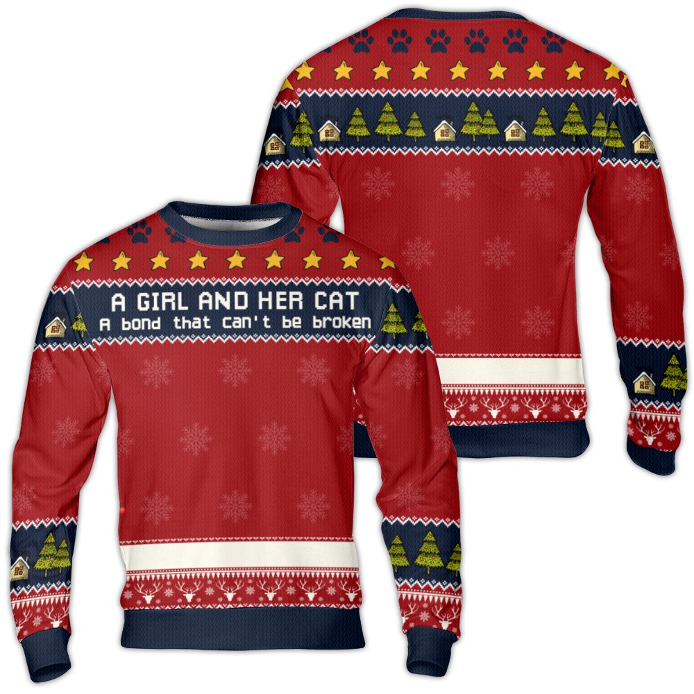 Festive Reindeer Paw Print Sweater, A Girl and Her Cat Ugly Christmas Sweater, Comfy Cat Lover Holiday Sweatshirt, Adorable X