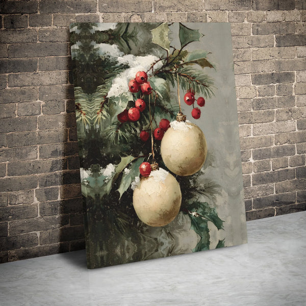 Festive Holly Berry Oil Painting Wall Art, Vintage Christmas Ornament Canvas Print, Holiday Canvas Poster, Winter Home Decor 