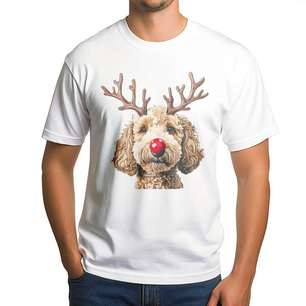 Reindeer Antlers Dog Shirt, Goldendoodle Christmas T-Shirt, Adorable Doodle Holiday Graphic Tee, Red Nose Puppy Tee, Xmas Dog
