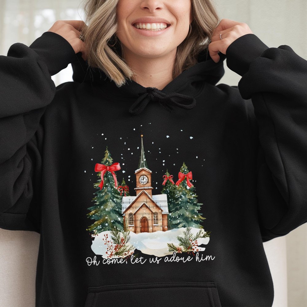 Watercolor Church Christmas Hooded Sweatshirt, Oh Come Let Us Adore Him Hoodie, Christian Holiday Sweater, Religious Faith Ch