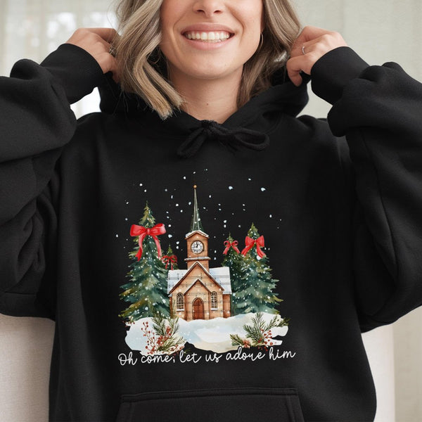 Watercolor Church Christmas Hooded Sweatshirt, Oh Come Let Us Adore Him Hoodie, Christian Holiday Sweater, Religious Faith Ch