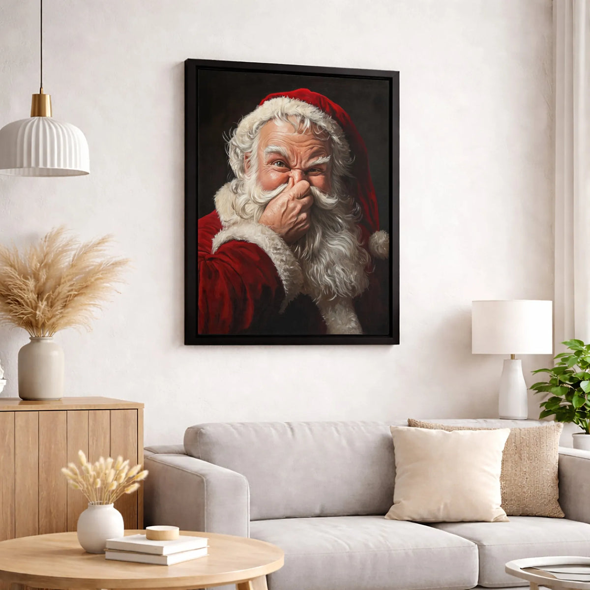 Whimsical Holding Nose Canvas Print, Humorous Santa Claus Canvas Wall Art, Christmas Holiday Portrait Canvas, Xmas Wall Decor
