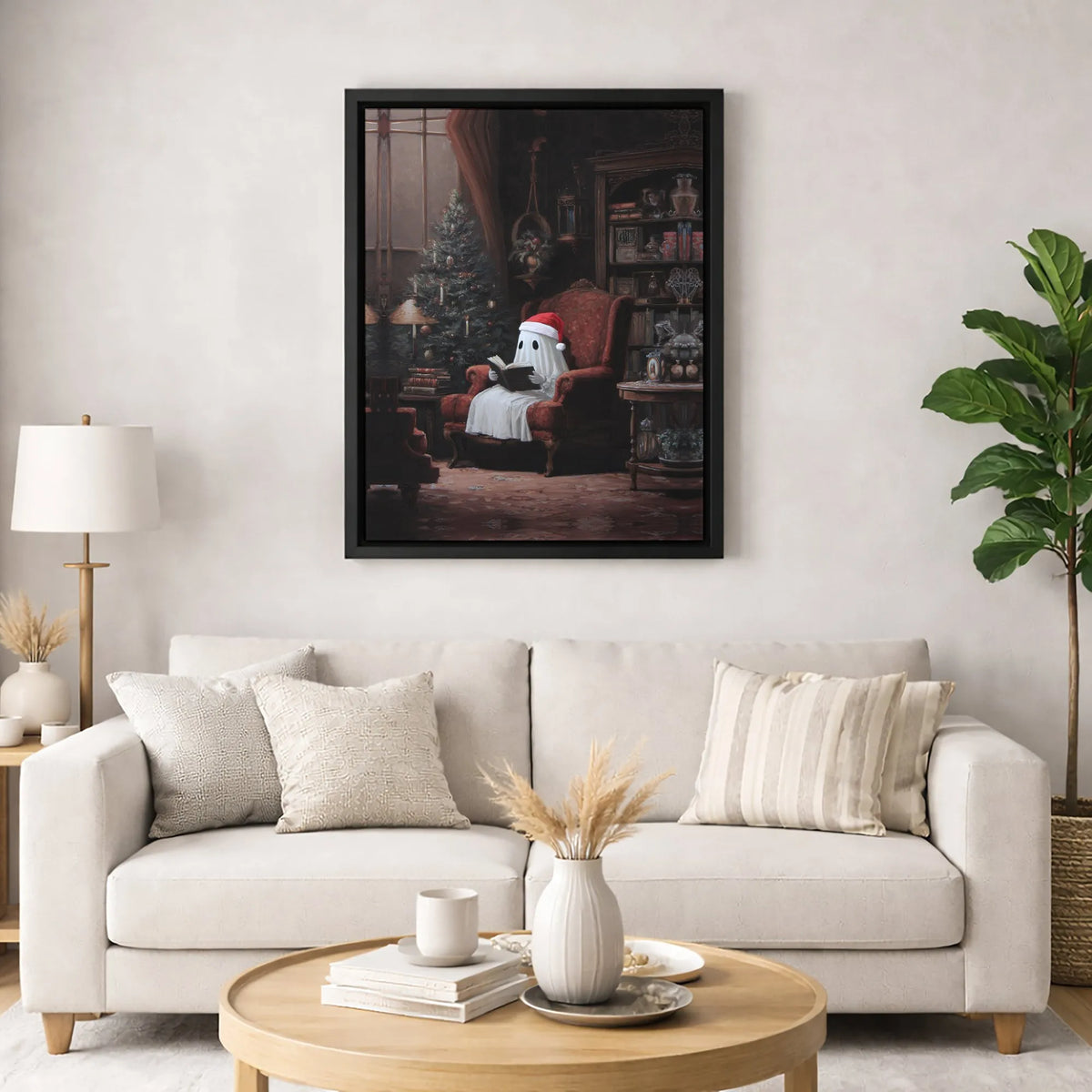Adorable Santa Hat Ghost Wall Art, Christmas Ghost Reading Book Canvas, Comfy Holiday Canvas Print, Spooky Xmas Wall Art, Boo