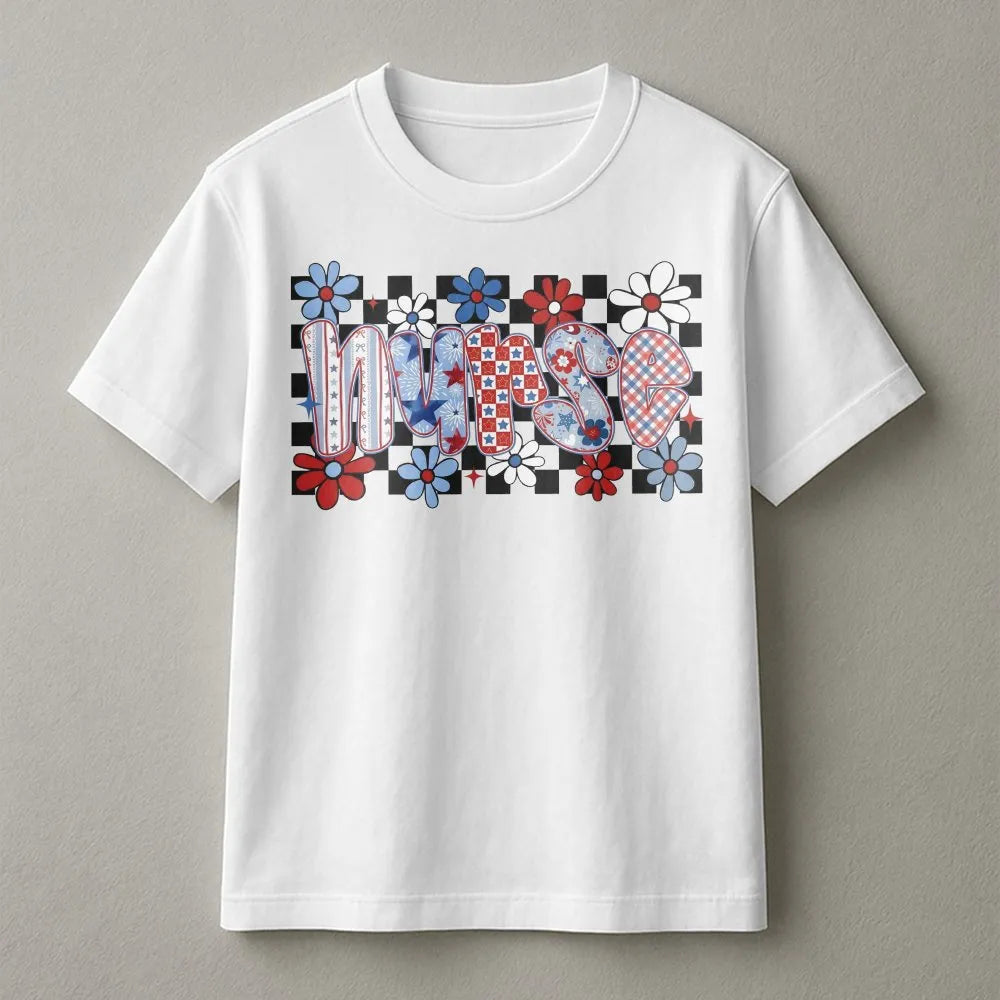 Patriotic Nurse T-Shirt | USA Flag Floral Graphic | Soft Cotton Blend Sweatshirt | 4th of July Gift for Nurse