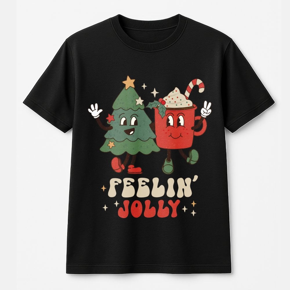 Retro Holiday Tree and Cocoa Graphic Tee, Feelin' Jolly Christmas T-Shirt, Vintage Xmas Party Shirt, Adorable Winter Apparel 