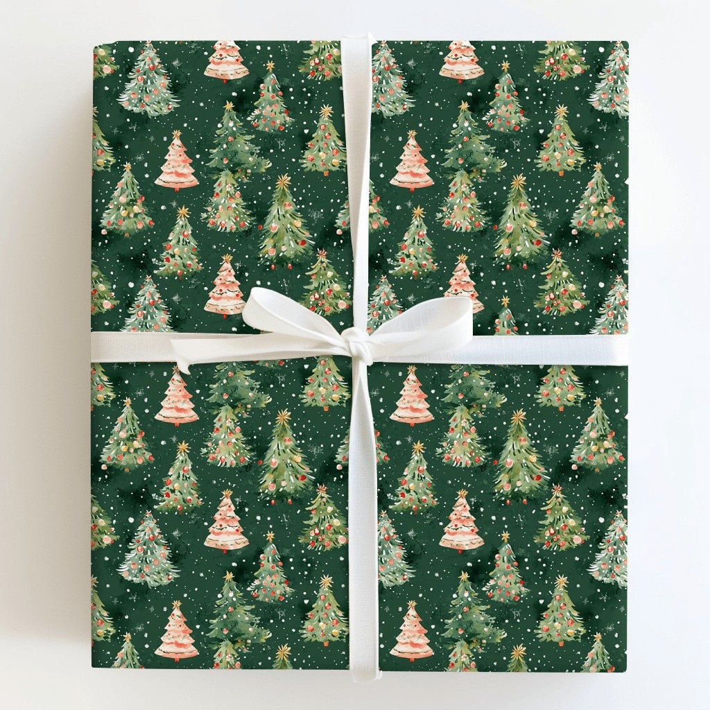 Forest Tree Holiday Gift Wrap, Watercolor Christmas Tree Wrapping Paper, Snowy Winter Wrapping Paper, Festive Xmas Gift Wrap 