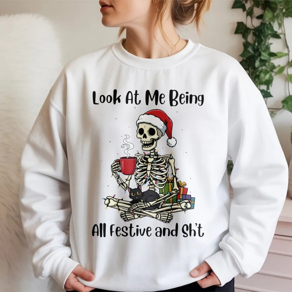 Festive Cat Lover Skeleton Sweater, Humorous Christmas Skeleton Sweatshirt, Spooky Xmas Skeleton Crewneck, Retro Winter Holid