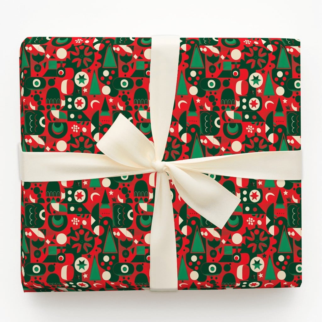 Modern Folk Art Gift Wrap, Geometric Christmas Wrapping Paper, Abstract Tree and Star Wrapping Paper, Red Scandinavian Xmas G