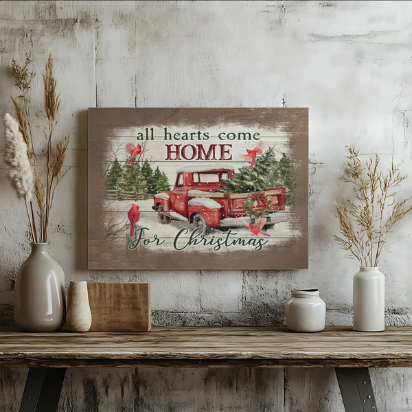 Vintage Red Truck Canvas Print, All Hearts Come Home for Christmas Canvas Wall Art, Holiday Cardinal Wall Decor, Farmhouse Xm