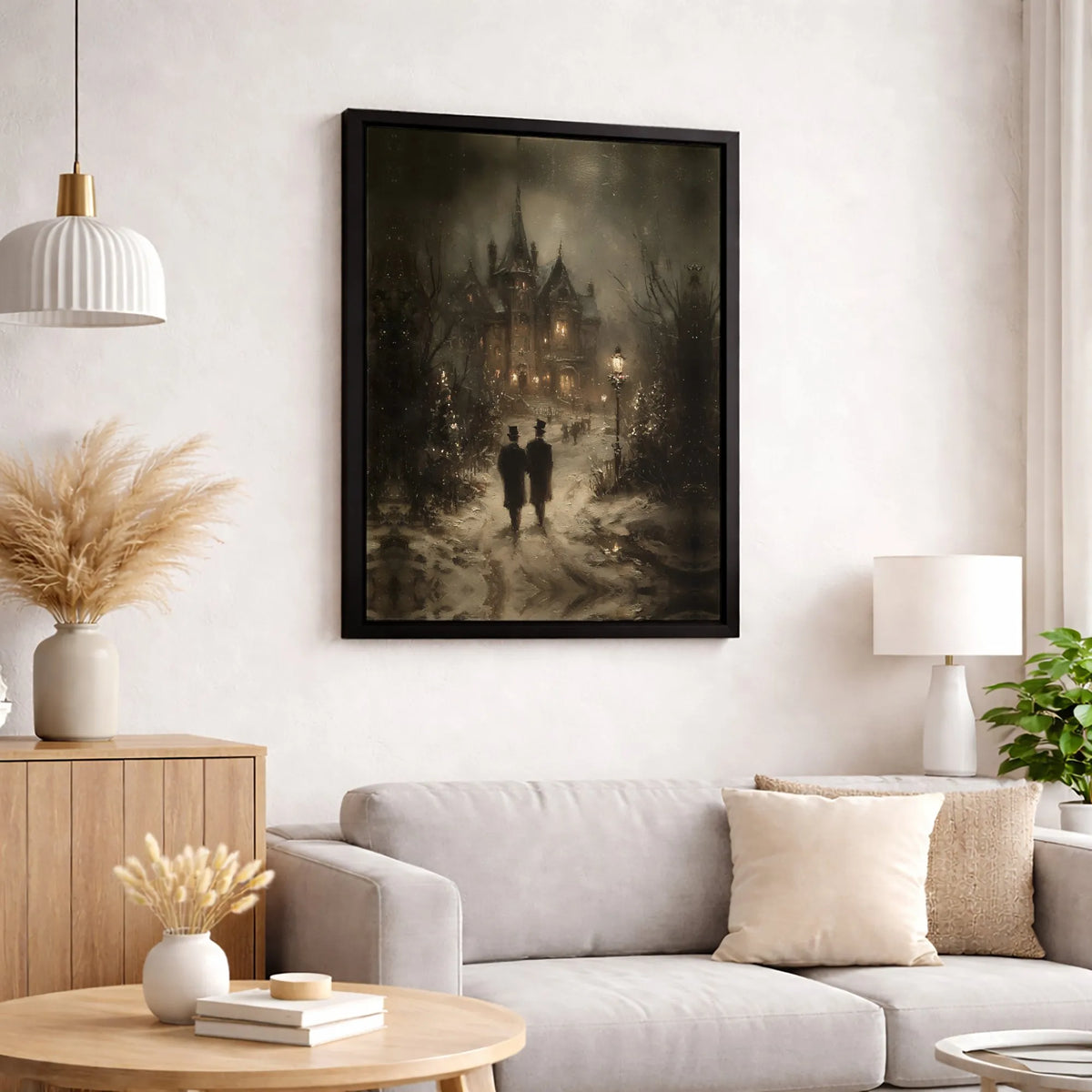 Snowy Christmas Night Wall Art, Gothic Victorian Mansion Poster, Moody Dark Academia Winter Landscape Print, Dark Decor, Digi
