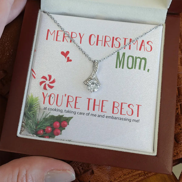 Cubic Zirconia Ribbon Pendant, Mom Christmas Ribbon Necklace, 14k White Gold Ribbon Necklace, Thoughtful Mother Holiday Jewel
