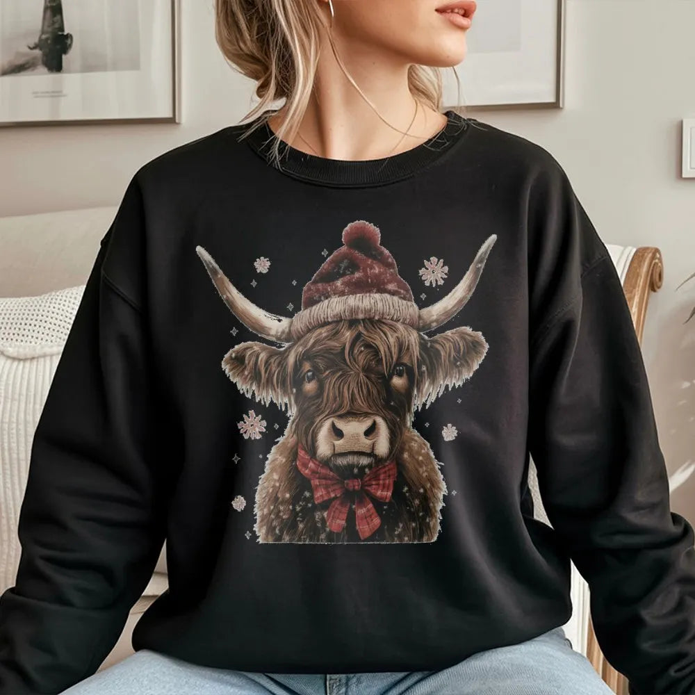 Western Farmhouse Cow Santa Hat Crewneck, Highland Cow Christmas Sweatshirt, Rustic Country Holiday Pullover, Winter Animal S