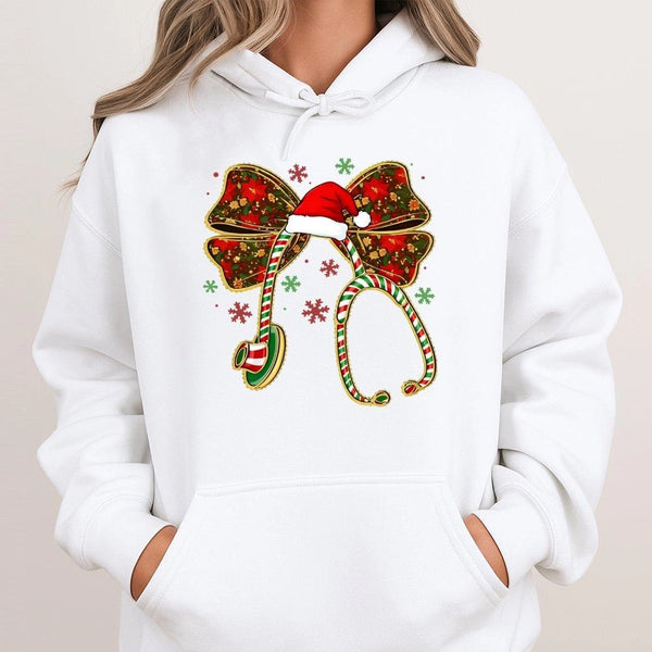 Stethoscope Bow Holiday Hoodie, Christmas Nurse Hoodie, RN Nursing School Hoodie, Comfy Healthcare Worker Sweatshirt, Xmas Nu