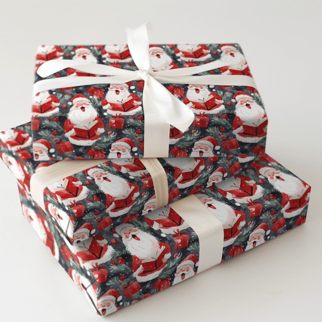 Watercolor Caroler Christmas Gift Wrap, Singing Santa Wrapping Paper, Dark Blue Holiday Wrapping Paper, Caroling Gift Wrap Ro