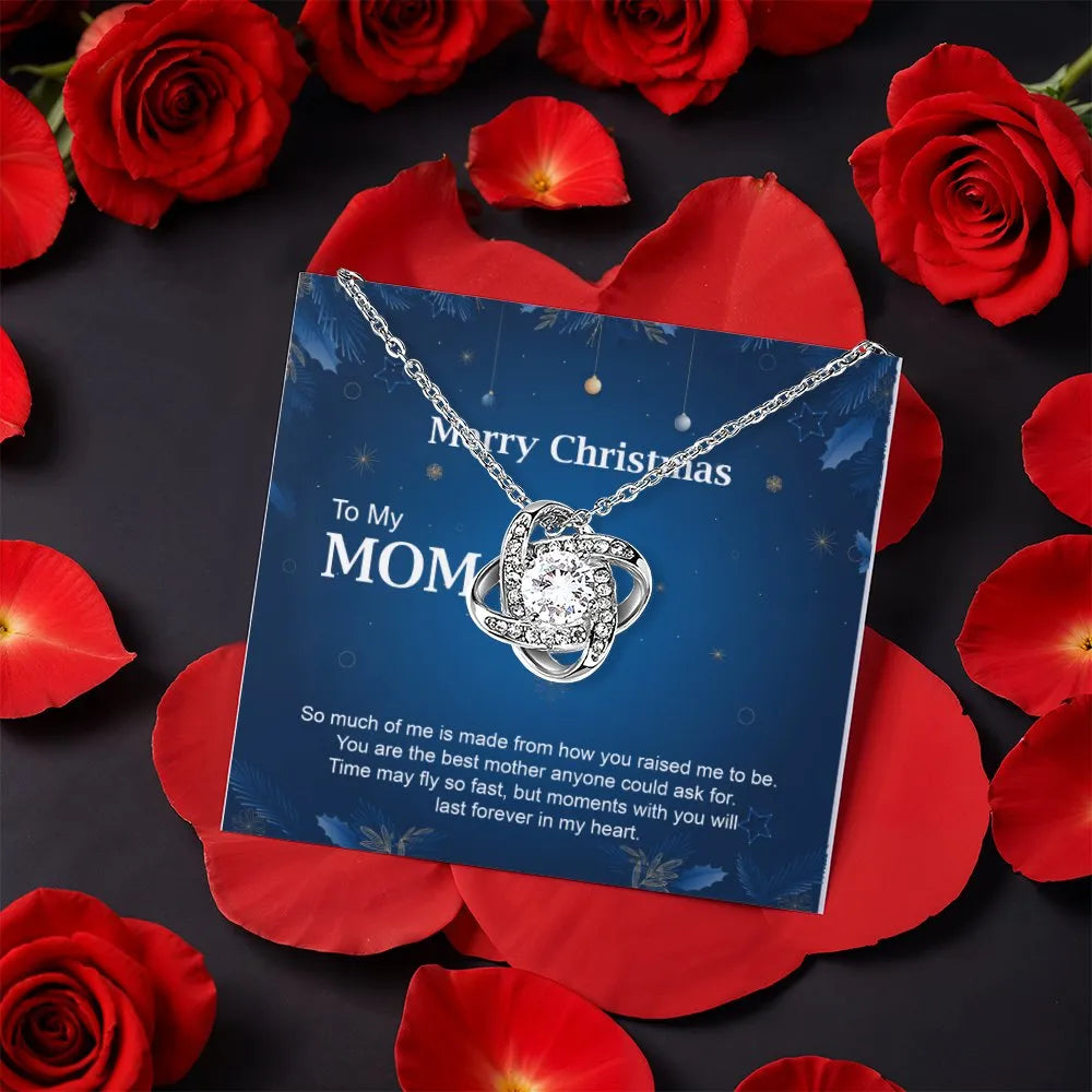 White Gold Finish Love Knot Pendant, Mom Christmas Love Knot Necklace, Holiday Message Card Knot Necklace, Present from Daugh