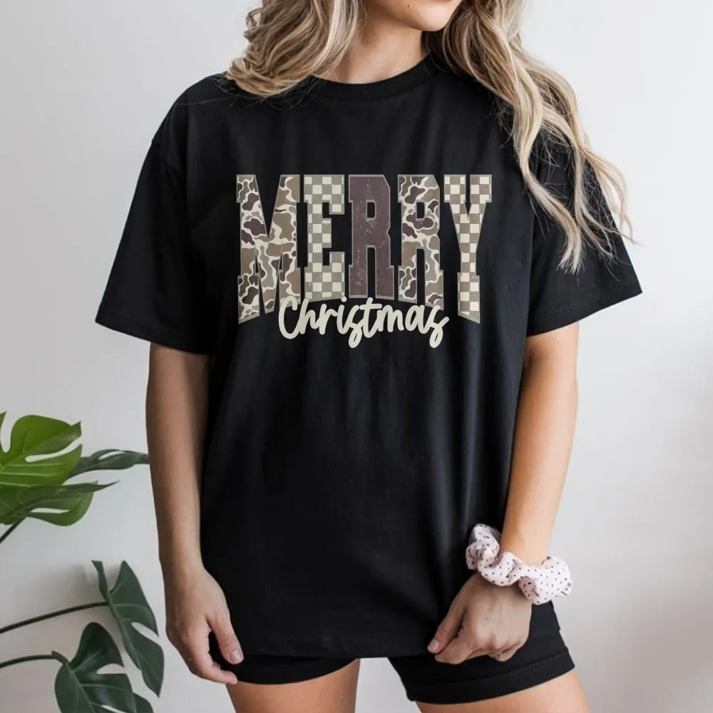 Distressed Camouflage Shirt, Merry Christmas Camo T-Shirt, Rustic Hunting Graphic Tee, Holiday Outdoorsman T-Shirt, Hunter Ch