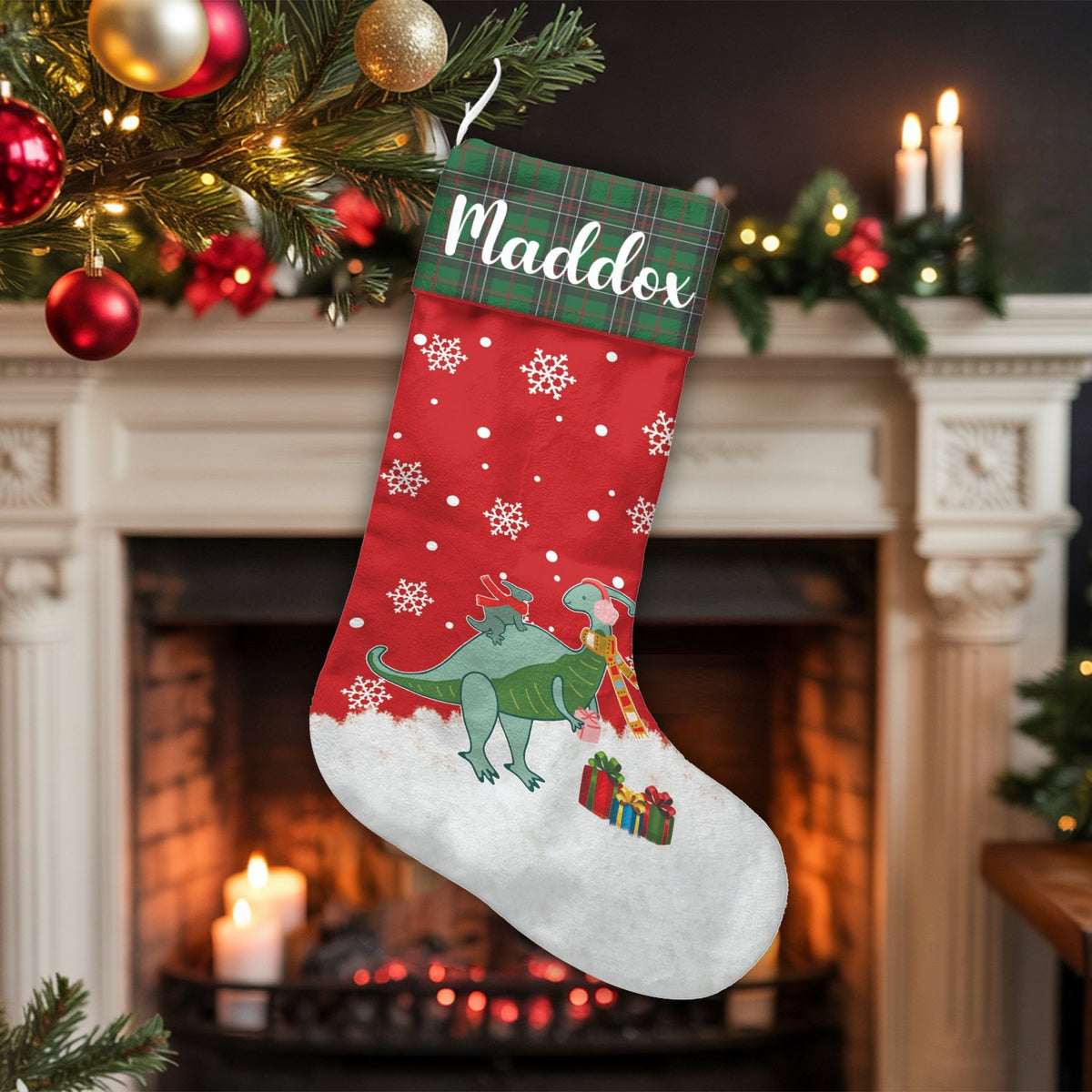 Custom Name Holiday Dino Stocking, Personalized Dinosaur Christmas Stocking, Adorable Kids Xmas Stocking, Festive Family Fire