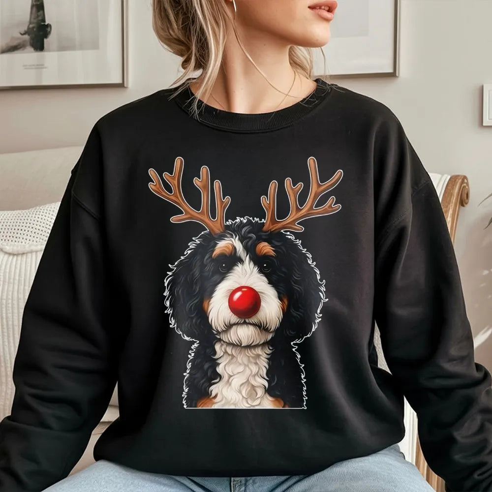 Humorous Reindeer Dog Sweatshirt, Bernadoodle Christmas Sweatshirt, Holiday Bernedoodle Crewneck, Comfy Dog Lover Xmas Graphi