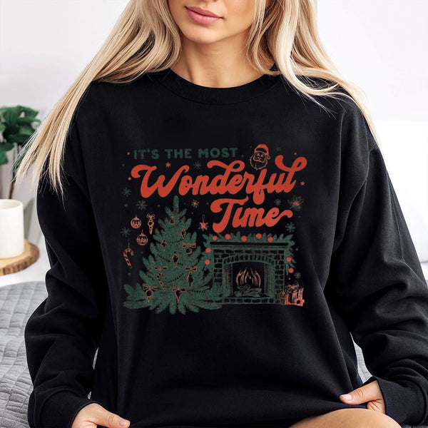 Vintage Tree Holiday Sweatshirt, Most Wonderful Time Christmas Sweatshirt, Comfy Fireplace Graphic Crewneck, Festive Winter S