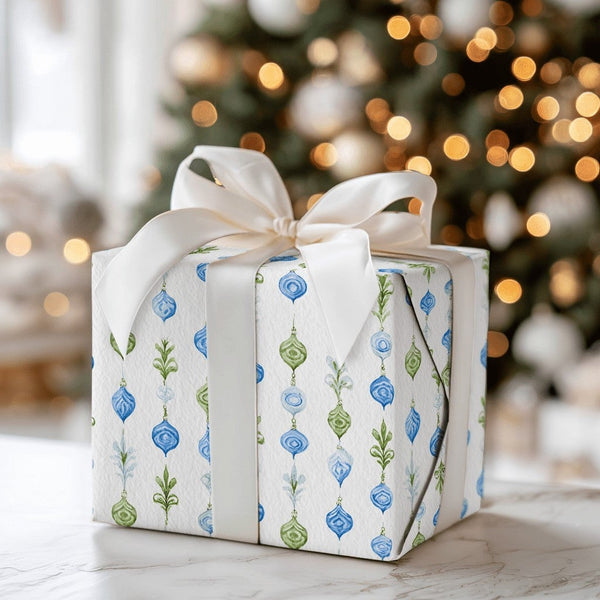 Blue Green Garland Gift Wrap, Watercolor Ornament Christmas Wrapping Paper, Holiday Botanical Wrapping Paper, Elegant Winter 