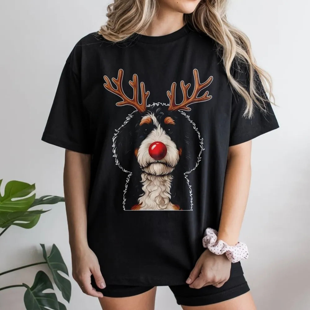 Reindeer Antlers Puppy Dog Graphic Tee, Bernedoodle Christmas T-Shirt, Doodle Pet Holiday Shirt, Adorable Dog Mom Winter Seas