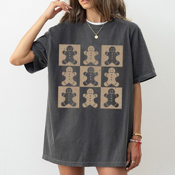 Distressed Christmas Cookie Shirt, Checkered Gingerbread Man T-Shirt, Retro Gingerbread Holiday Graphic Tee, Adorable Winter 