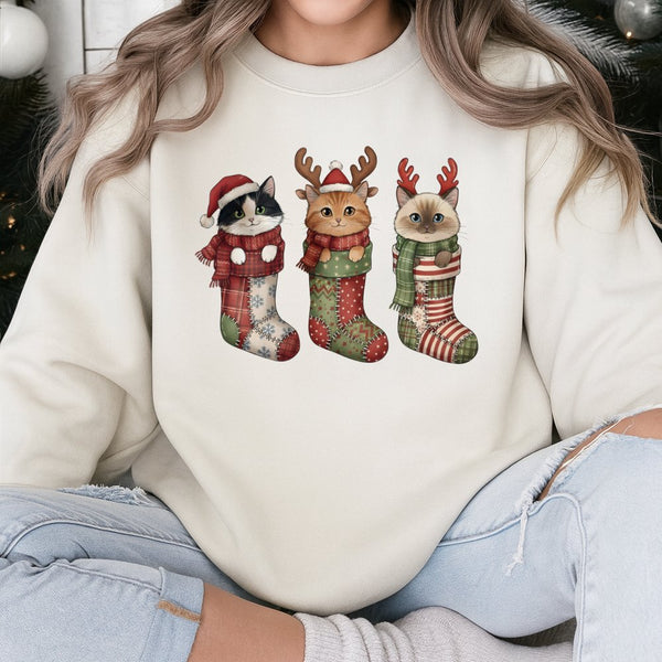 Adorable Kittens Holiday Stocking Sweater, Christmas Cat Sweatshirt, Festive Xmas Crewneck, Cat Lover Graphic Pullover, Holid